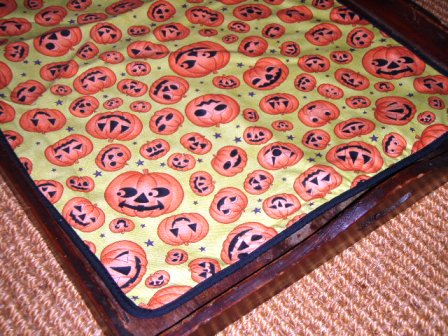 Homemade Halloween decorations tablecloth in tray