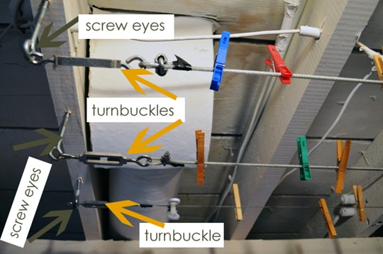 Screw eyes and turnbuckles for laundry line