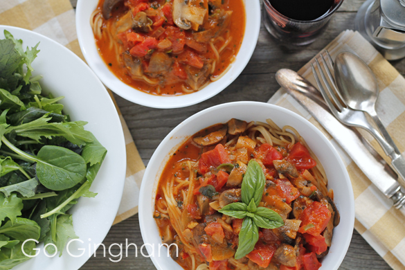 Spaghetti dinner with salad Go Gingham