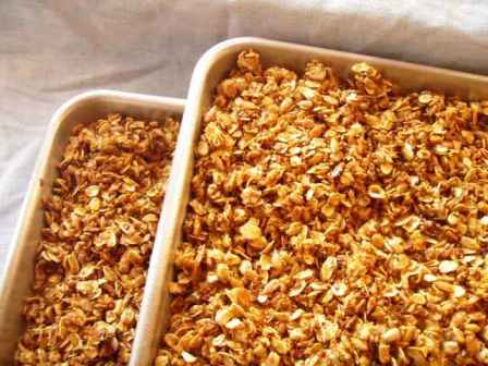 Homemade granola on baking trays