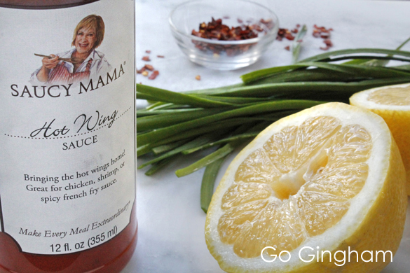 Hot wing shrimp over pasta from Go Gingham