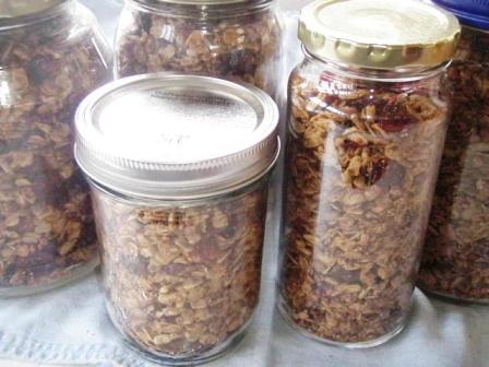 Homemade granola stored in glass containers